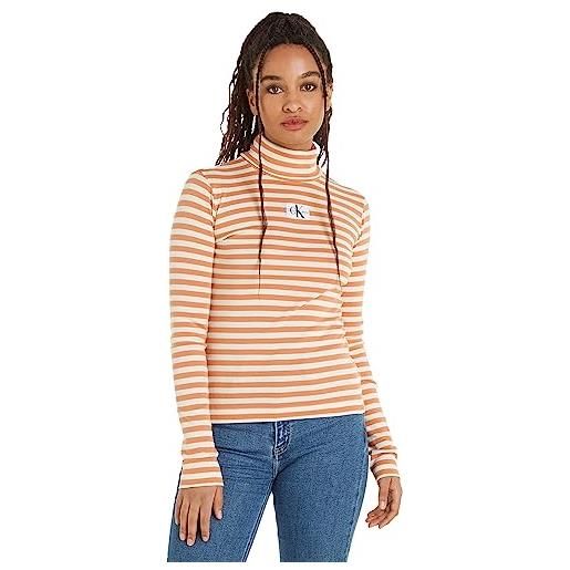 Calvin Klein Jeans maglietta maniche lunghe donna striped collo alto, multicolore (ivory / tropical orange), 3xl