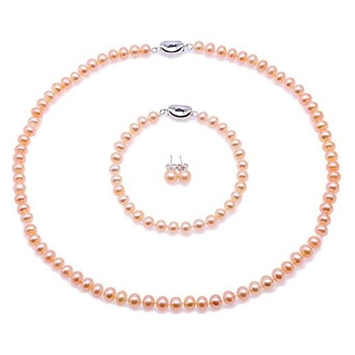 JYX Pearl jyx - set di gioielli con perle d'acqua dolce da 6 - 7 mm, con collana, bracciale e orecchini a perno in argento 925 (champagne, oro, nero e rosa) e argento, colore: rosa, cod. Fps069