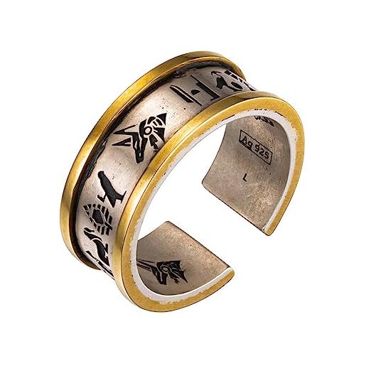 ForFox anello anubis del dio egiziano in argento sterling 925 bicolore anello testa di lupo con geroglifici per uomo donna aperto e regolabile taglia m