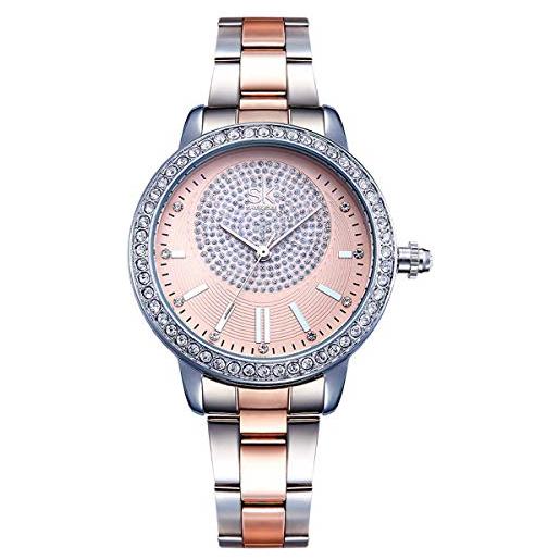 Alienwork orologio donna argento bracciale in acciaio oro rosa strass brillanti elegante