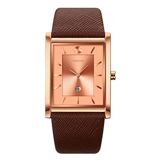 TONSHEN orologi da polso da uomo fashion lusso analogico quarzo acciaio inossidabile cassa e pelle cinturino casual elegante orologio (rose-marrone)