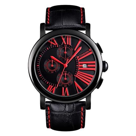 TONSHEN orologio uomo acciaio inossidabile cassa e pelle cinturino cronometro data analogico quarzo sportivo orologi da polso (rosso)