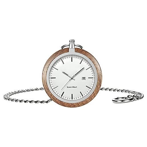 ZFVEN orologio da taschino da uomo in legno di lusso in argento personalizza orologi al quarzo in acciaio inossidabile per il regalo della festa del papà (noce nera)
