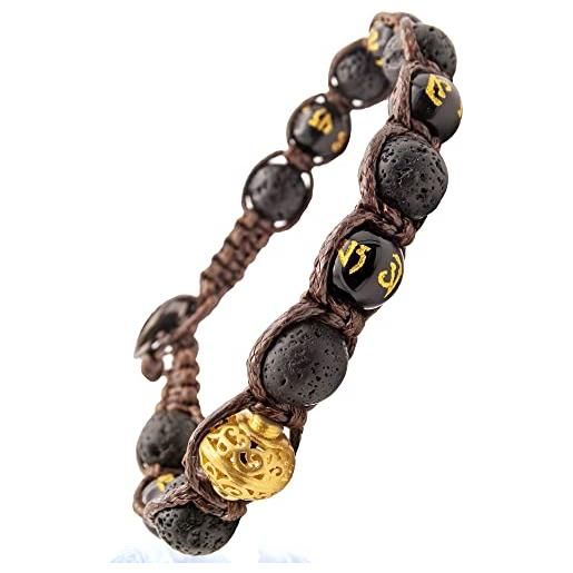 Samsara bracciale tibetano buddista - shamballa con pietra lava nera e onice con mantra - filo in cotone cerato marrone