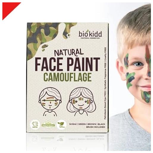 BioKidd camouglage militare camouglage - colore del viso per bambini e adulti, biologico, crema naturale, trucco per bambini per pelli sensibili, set militare a 3 colori (verde, marrone, nero)