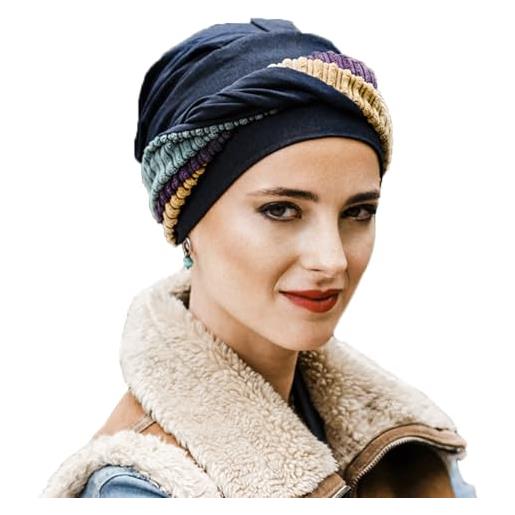 Carebell elegance hippie turbante cappello oncologico bamboo chemioterapia alopecia, marino, taglia unica