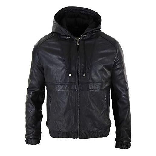 Infinity Leather giacca bomber uomo vera pelle marrone nera con cappuccio zip casual aderente - nero xl