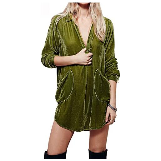 R.Vivimos women's loose velvet buttons mini shirt dress irregular hem blouse dresses with pockets (xl, green)