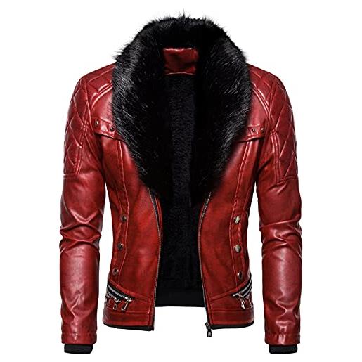LSSM giacche in pelle da uomo con collo in pelliccia, cuciture a cerniera, bottoni in tinta unita moda autunno e inverno bomber jacket giacca uomo giacca a vento cotone rosso l