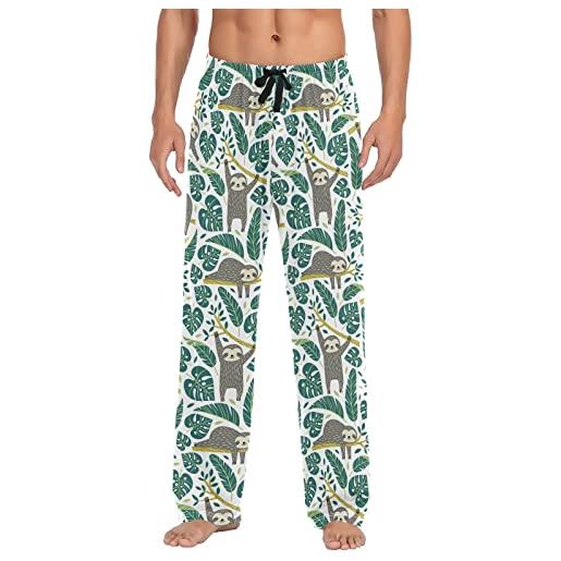 Wudan simpatico bradipo palm leaf pantaloni pigiama da uomo pantaloni lounge pigiama pantaloni con tasche s, carino bradipo foglia di palma, large