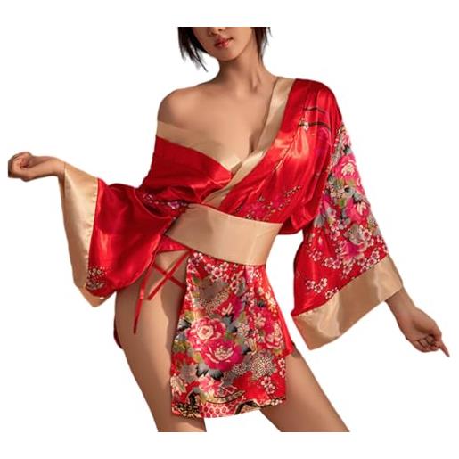DDMDBYHRY kimono giapponese da donna, lingerie per cosplay, corto, pigiama giapponese setoso, costume da geisha, formato a5, rosso, etichettalia unica
