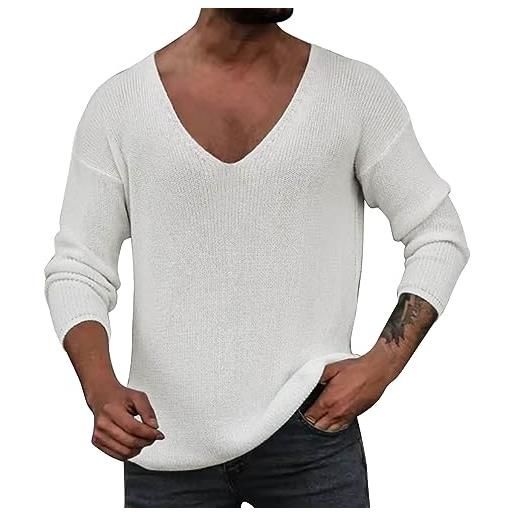 Generico maglioncino bianco lunghe lavorato a maglia autunno e inverno da uomo top tinta unita con scollo a v profondo completo sci (white, m)