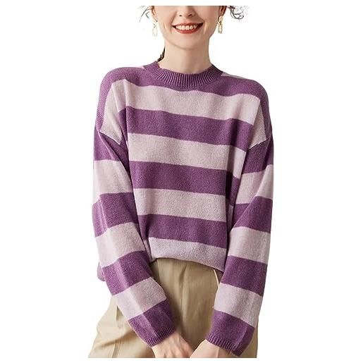 Valin maglione da donna in cashmere, girocollo, a maniche lunghe, in lana cashmere, a righe, sottile, df8037, viola. , taglia unica