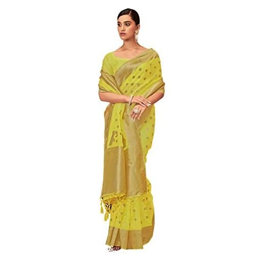 STYLE INSTANT sari indiani da donna in organza tessuto di seta sari | abito tradizionale diwali regalo di nozze sari con camicetta non cucita, verde lime, etichettalia unica
