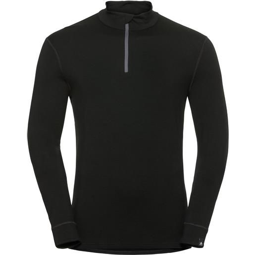 Odlo - base layer tecnico in lana merino, 200g/m² - t-shirt ml 1/2 zip natural 100% merino warm black/black per uomo in pelle - taglia l - nero
