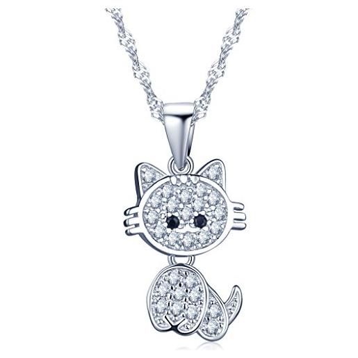 Infinite U lovely cat kitty in argento sterling 925 placcato al rodio, zirconi collana per donna/ragazza, colore: argento