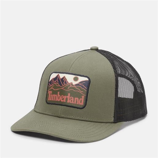Timberland cappellino trucker con applicazione mountain line da uomo in verde verde