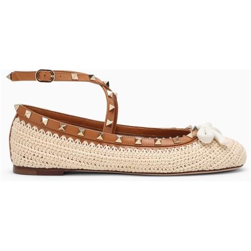 Valentino Garavani ballerina rockstud beige in rafia e pelle