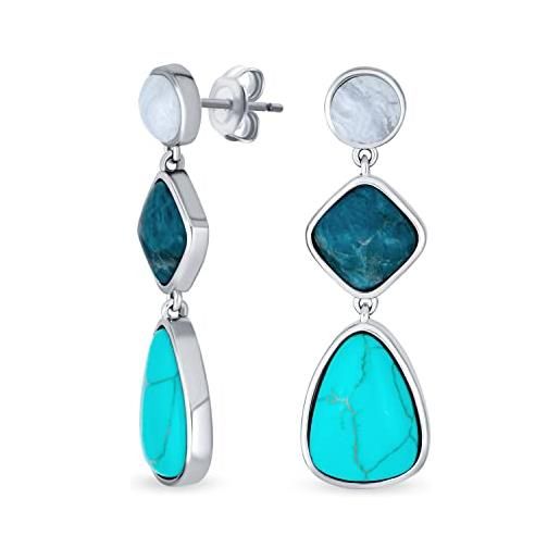 Bling Jewelry orecchini pendenti unici boho geometrici lineari a forma di goccia triangolo rotondo lungo in pietre preziose naturali a 3 livelli ideali per feste estive blu turchese per donne placcati in argento