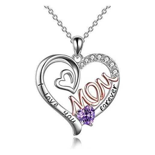 WINNICACA collana mamma s925 sterling silver cuore cz pelle viola love mum pendant gioielli a nastro di febbraio per le donne regali della madre