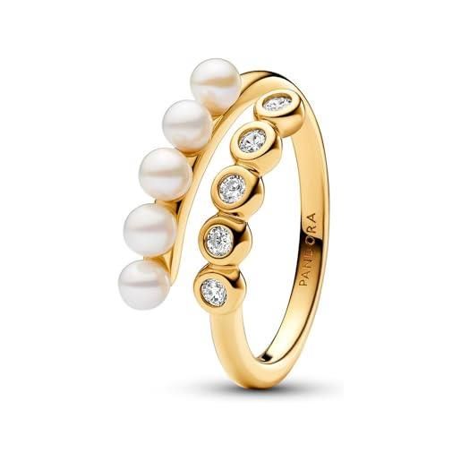 Pandora timeless anello aperto placcato in oro 14k con perla coltivata d'acqua dolce trattata bianca e zirconi cubici trasparenti, 60