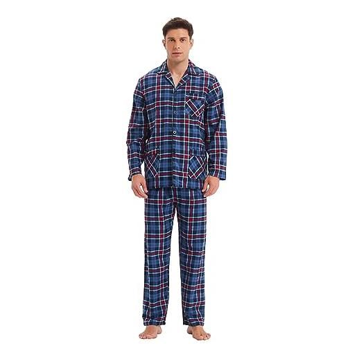 GLOBAL pigiama uomo flanella cotone lungo pantaloni vita elasticizzata coulisse bottoni invernale abbigliamento da notte confortevole rosso/blu/grigio, griglia l
