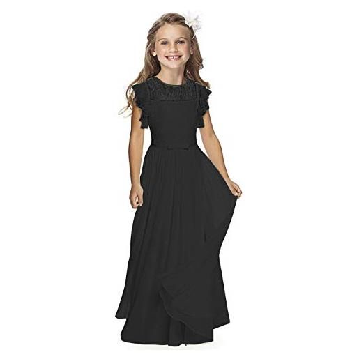 Aibaowedding boho abito lungo in pizzo per bambini, in chiffon, con cintura e maniche corte, a farfalla/chic, linea ad a, per comunione, damigelle d'onore, per ragazze 2-12 anni, blu, 8-9 anni