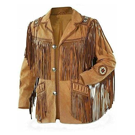 NAYA Leather naya - giacca da uomo tradizionale in pelle scamosciata, stile cowboy, con frangia native american jacket, marrone, 4x-large