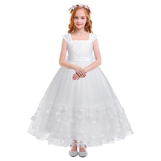 FYMNSI vestito da comunione ragazza con fiori bianchi vestito per bambini in tulle lungo abito da sposa damigelle d'onore abito da sera formale, bianco, 13-14 anni