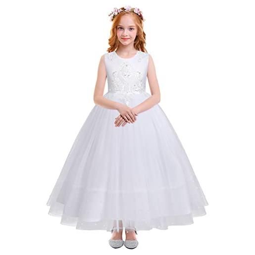 FYMNSI vestito da comunione ragazza con fiori bianchi vestito per bambini in tulle lungo abito da sposa damigelle d'onore abito da sera formale, ricamo bianco, 13-14 anni