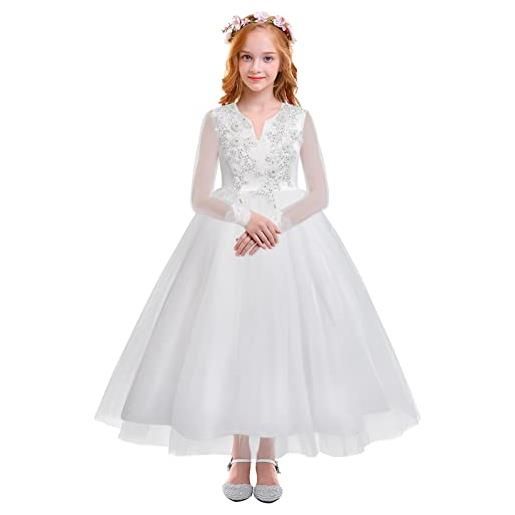 FYMNSI vestito da comunione ragazza con fiori bianchi vestito per bambini in tulle lungo abito da sposa damigelle d'onore abito da sera formale, fiori bianchi. , 11-12 anni