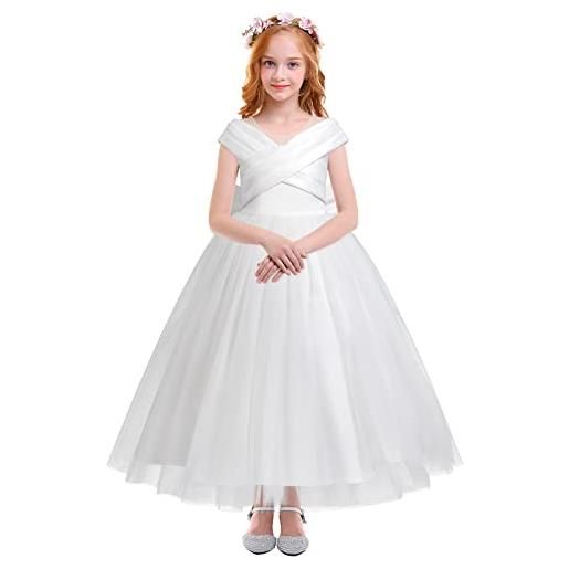 FYMNSI vestito da comunione ragazza con fiori bianchi vestito per bambini in tulle lungo abito da sposa damigelle d'onore abito da sera formale, ricamo bianco, 13-14 anni