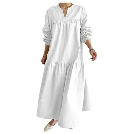 GUOCU vestito da donna vintage abito lungo collo polo tinta unita eleganti maniche lunghe maxi abito casual taglie forti vestiti bianco 5xl