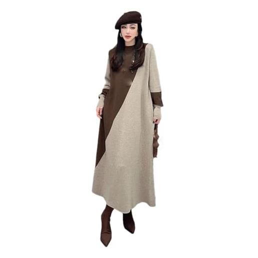 Deepsko abito da donna in maglia, a maniche lunghe, con scollo rotondo, vestibilità larga, per primavera e autunno, cachi, taglia unica