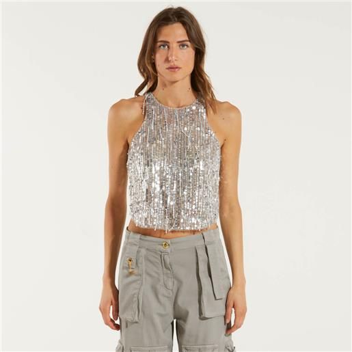 Elisabetta franchi top cropped in tulle con frange