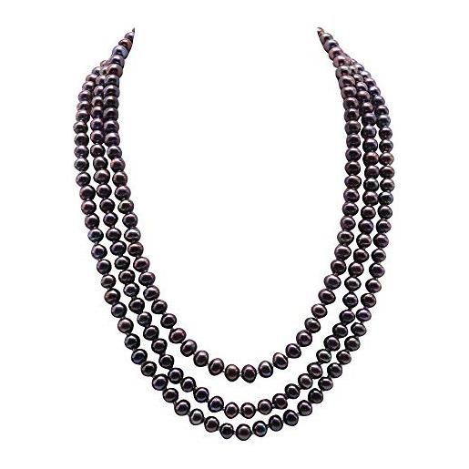 JYX Pearl jyx - collana a tre fili aa 6-7 mm, piatta rotonda nera con perle coltivate d'acqua dolce per le donne