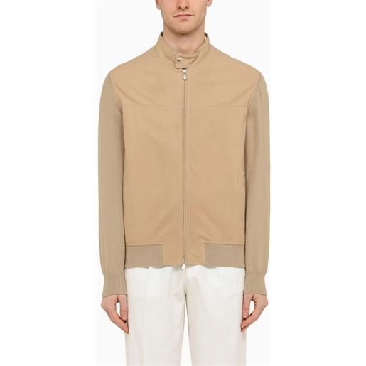 Brunello Cucinelli giacca in pelle beige con maniche in maglia