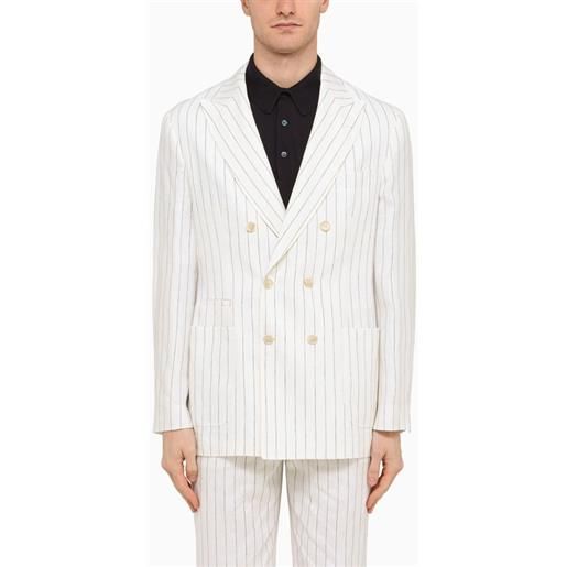 Brunello Cucinelli giacca doppiopetto gessata bianca in lino