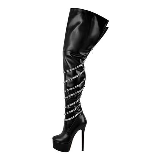 blingqueen stivali da donna con plateau sopra il ginocchio a spillo con catene, poliuretano nero. , 42 eu