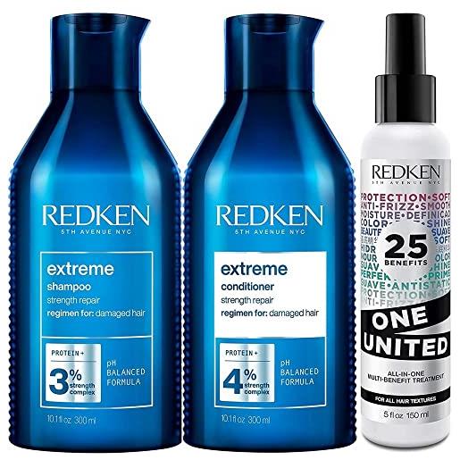 Redken | kit extreme shampoo 300 ml + balsamo 300 ml + one united 150 ml | routine fortificante per capelli danneggiati