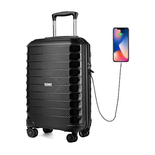 KONO valigia bagaglio a mano 55 cm rigido leggero pp e porta di ricarica usb valigia cabin trolley con lucchetto tsa e 4 ruote nero (nero)