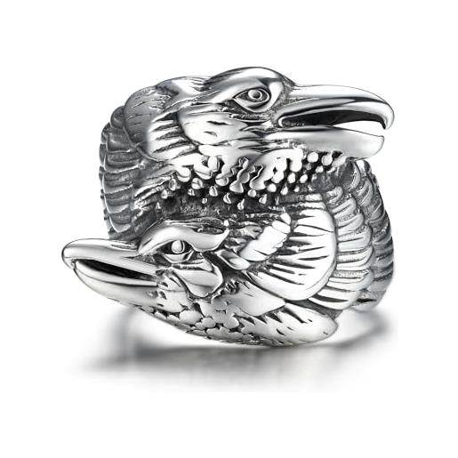 GTHIC anello in acciaio inossidabile vichingo con doppia testa di corvo per uomo donna retro punk corvi di odino amuleto anelli di animali gioielli, taglia 9