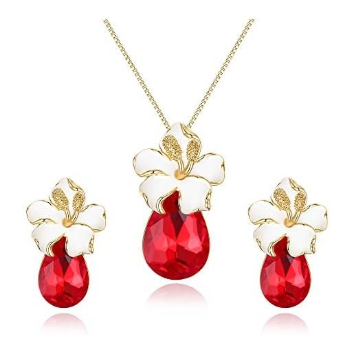 Clearine cristalli austriaci orchidea goccia rosso strass collana orecchini set gioielli fiore elegante per donne oro-fondo