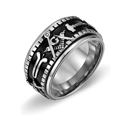 MayiaHey anello simbolo massonico, anello rotante punk massonico per uomini, anello maestro massone acciaio inossidabile gioielli simbolo massonico argento, anello carrea e bussola massonica roccia, metallo