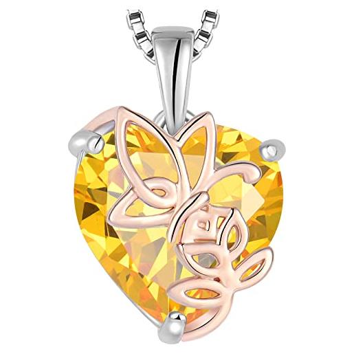 YL collana rosa farfalla cuore in argento 925 con ciondolo da donna con pietra portafortuna gialla di novembre citrino, lunghezza della catena 45+3 cm