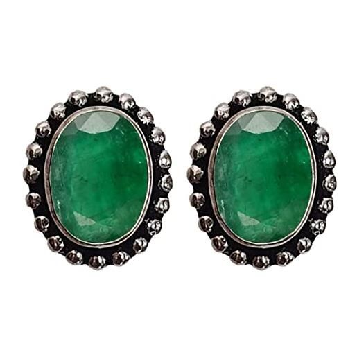 Tibetan Silver simulata verde smeraldo pietra preziosa argento sterling 925 placcata orecchini a bottone per donna etnico moda fatti a mano feste orecchini a bottone gioielleria da artigiana