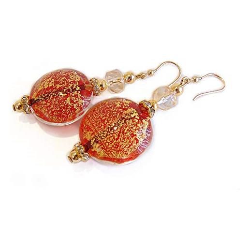 VENEZIA CLASSICA - orecchini da donna con perle in vetro di murano originale, collezione linde, con foglia in oro 24kt, made in italy certificato (rosso)