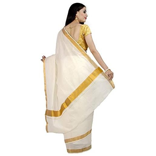 Stylesindia kerala kasavu solid plain golden zari border sari con camicetta pezzo | kuthampully kerala kasavu saree off-white, avorio