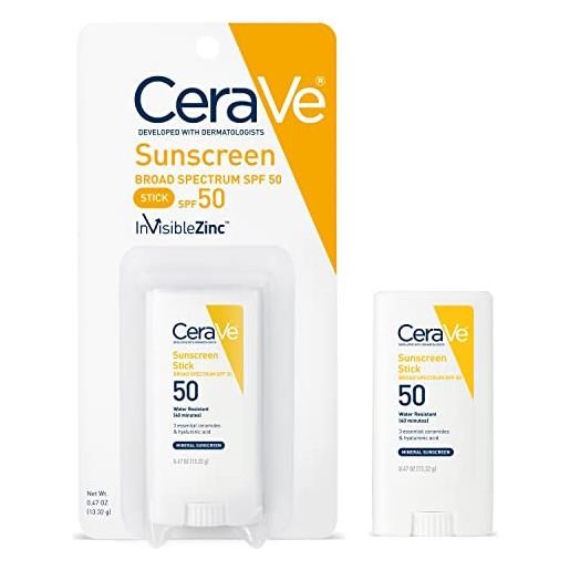 CeraVe crema solare stick spf 50 13,3 g con ossido di zinco, acido ialuronico e ceramidi per la protezione solare ad ampio spettro