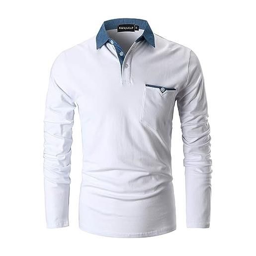 KUNJLELP polo uomo manica lunga con tasca maglietta chic colletto a quadri casuale cotton inverno golf t-shirt, b-bianco, l